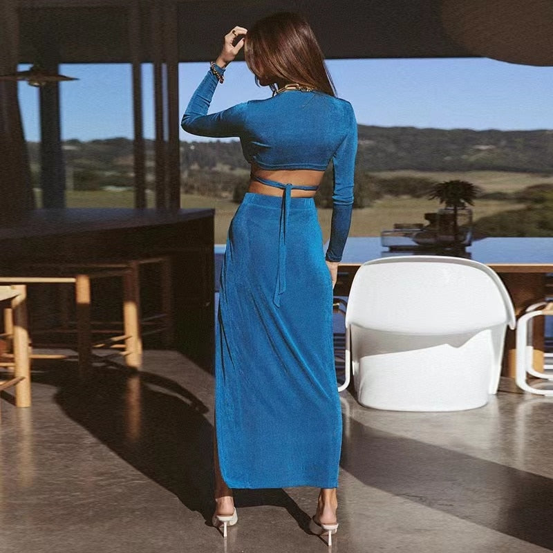 New Long Sleeve Bandage Dress Sets Elegant Women Top And Skirts