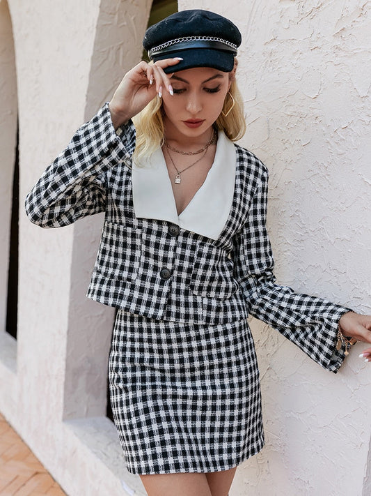 Simplee Office plaid doll collar blazer suits for women autumn Elegant checkered female suit with skirt Pocket two piece sets