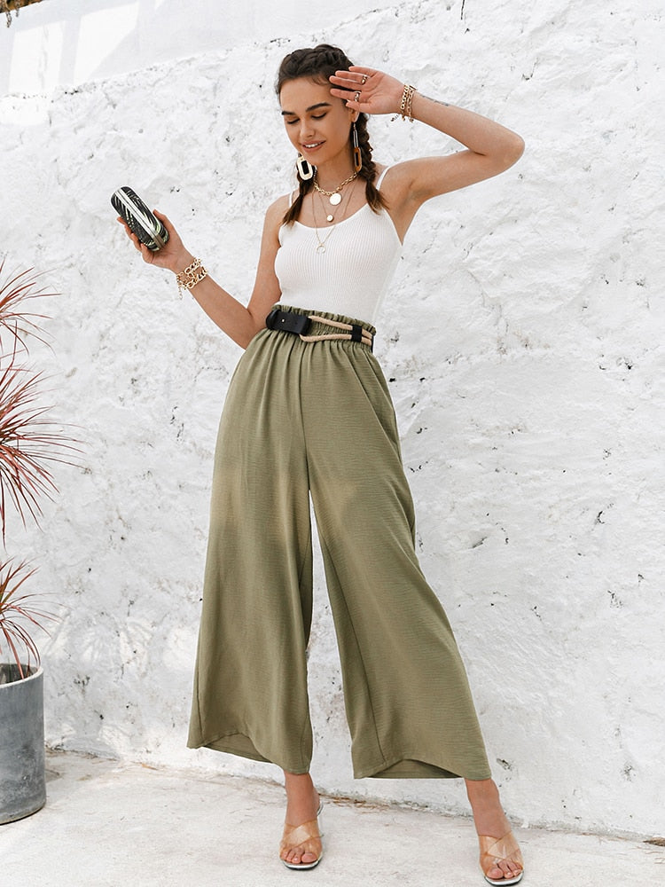 Simplee Solid color high waist wide leg pants