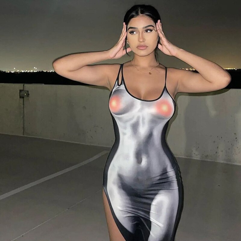 Puloru Sexy Spaghetti Straps Bodycon Midi Dress