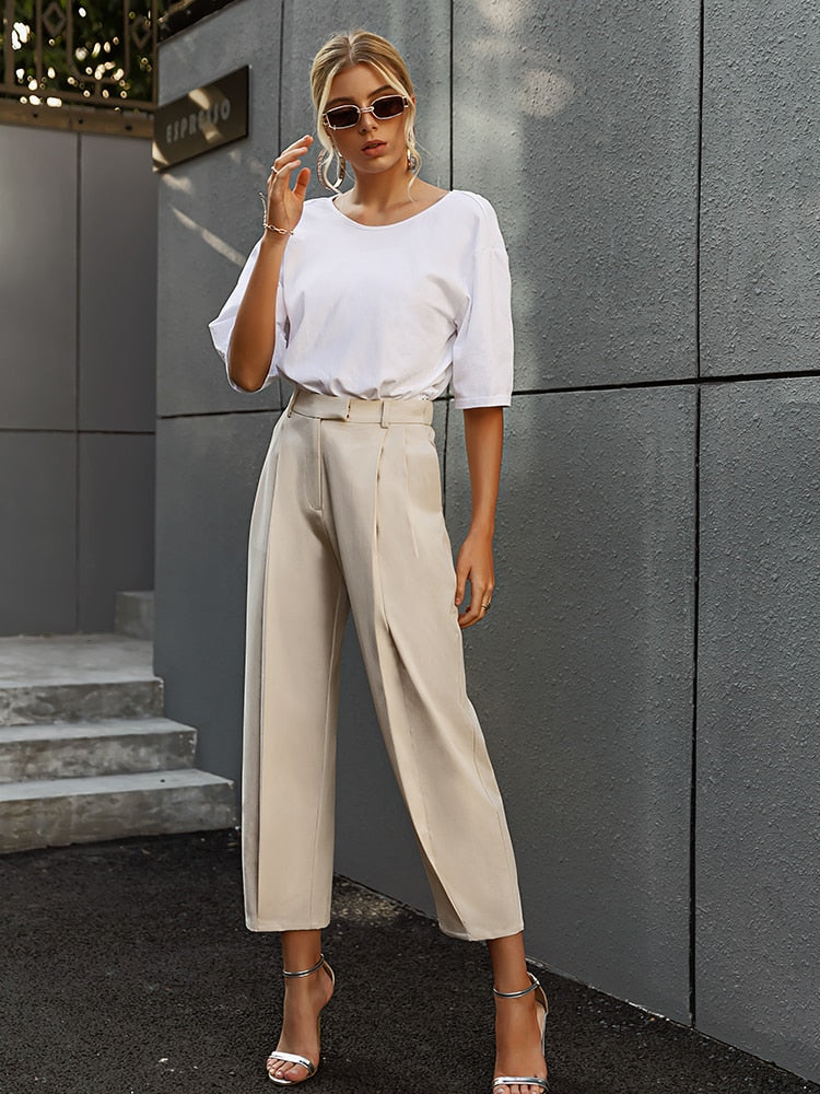 Simplee Solid high waist office lady trousers Loose casual apricot summer women pants