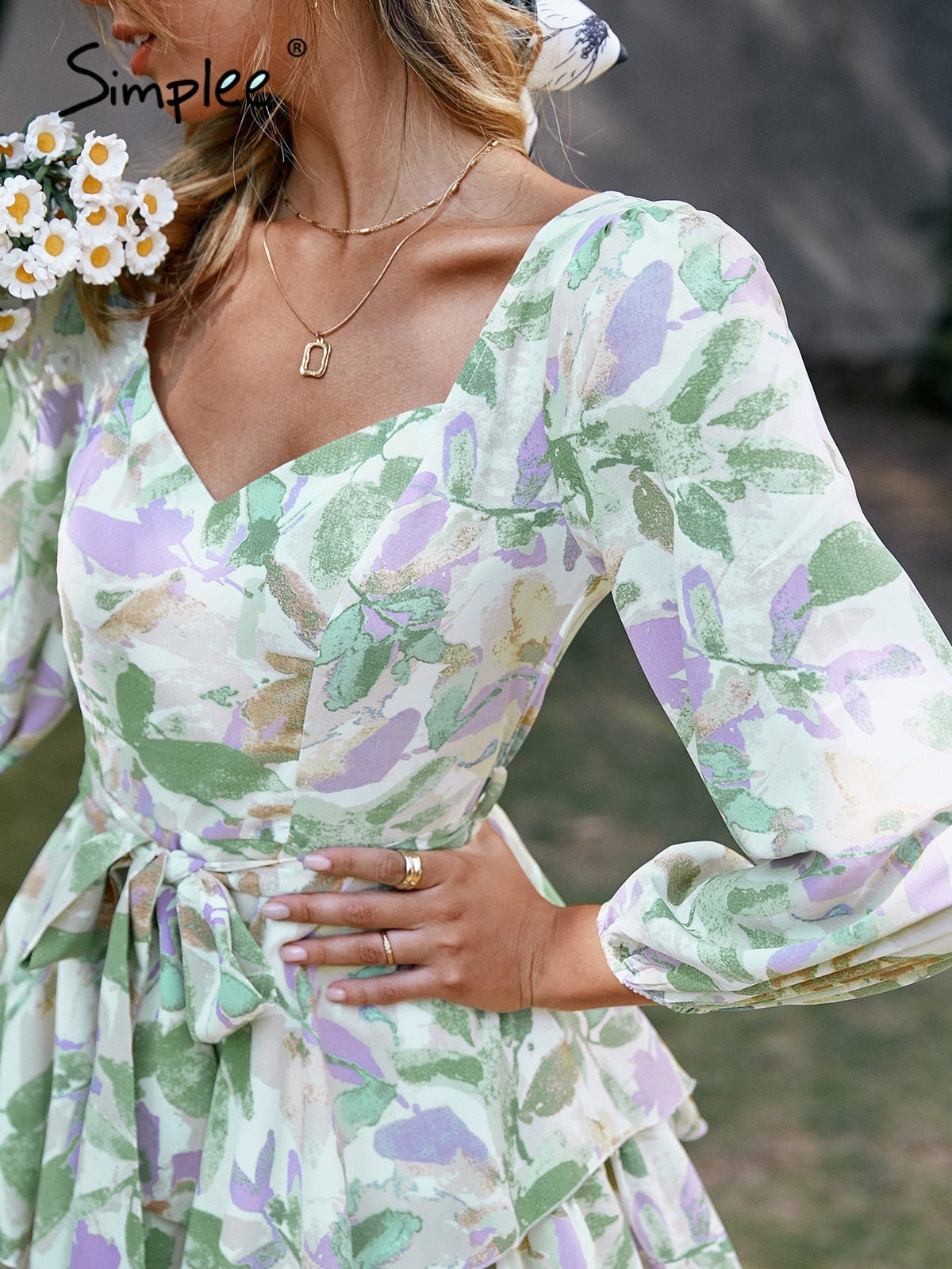 Simplee Holiday sash long sleeve ruffle print romper summer women Lace up floral short