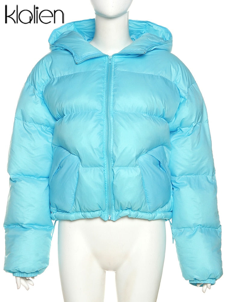 KLALIEN Winter Cotton-Padded Jacket Women Fashion Casual Slim Hooded Zipper Coat Female Streetwear Office Lady Streetwear New
