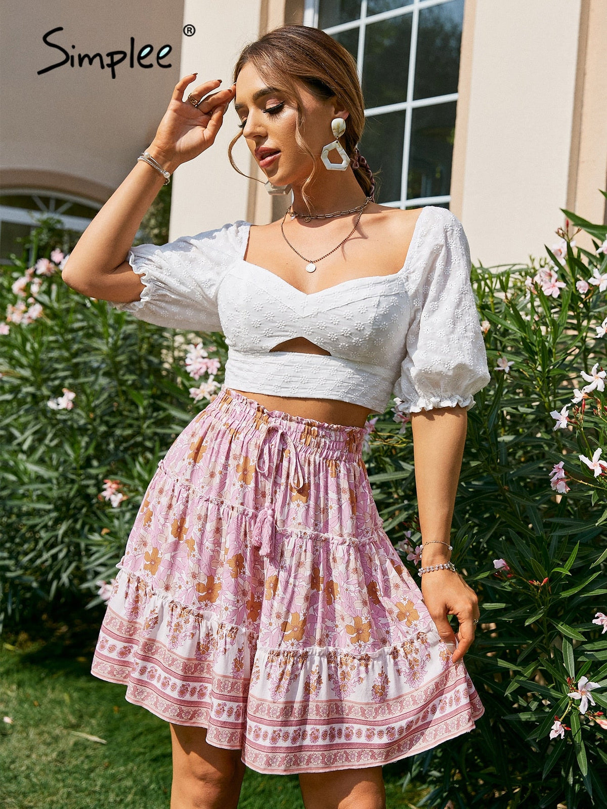 Simplee Boho ethnic tassel lace up print mini skirt summer women Floral elastic bohemian ruffle skirts pink A-line frills bottom
