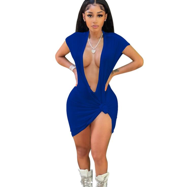 CM.YAYA Women Dress Solid Short Sleeve Deep V-neck