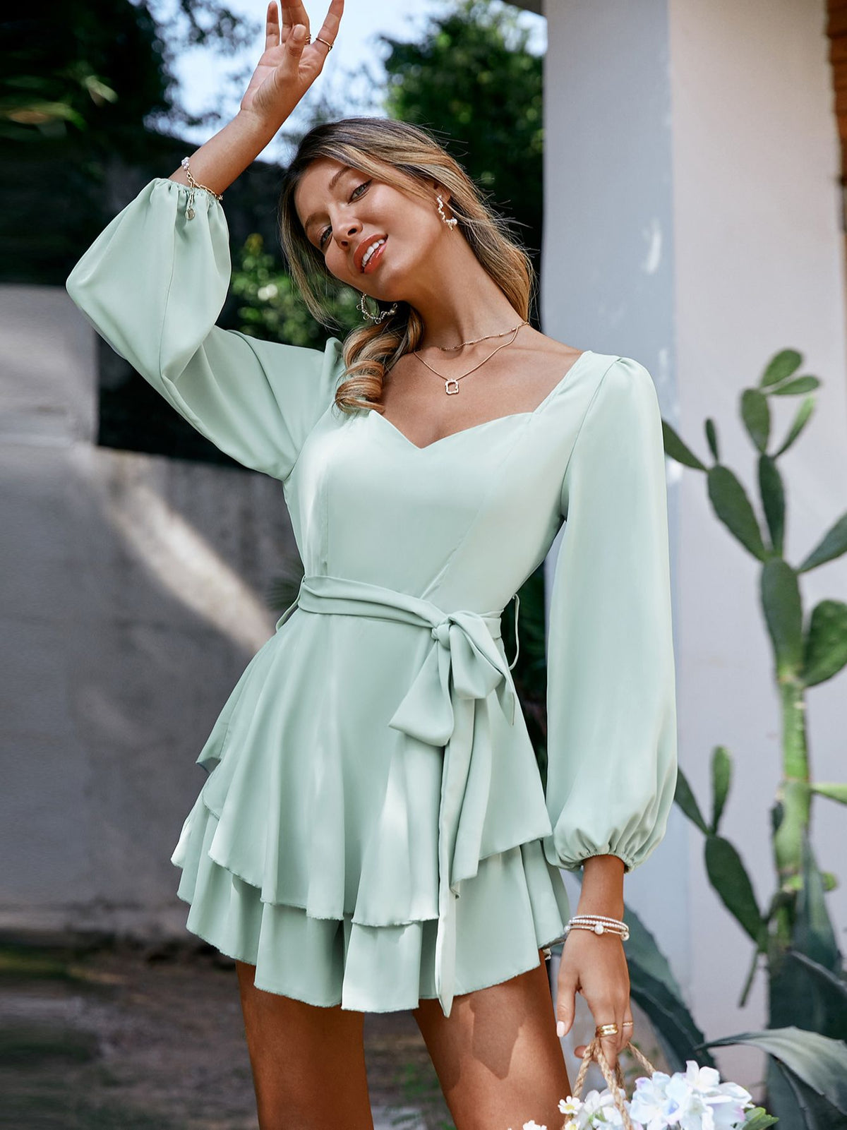 Simplee Holiday sash long sleeve ruffle print romper summer women Lace up floral short