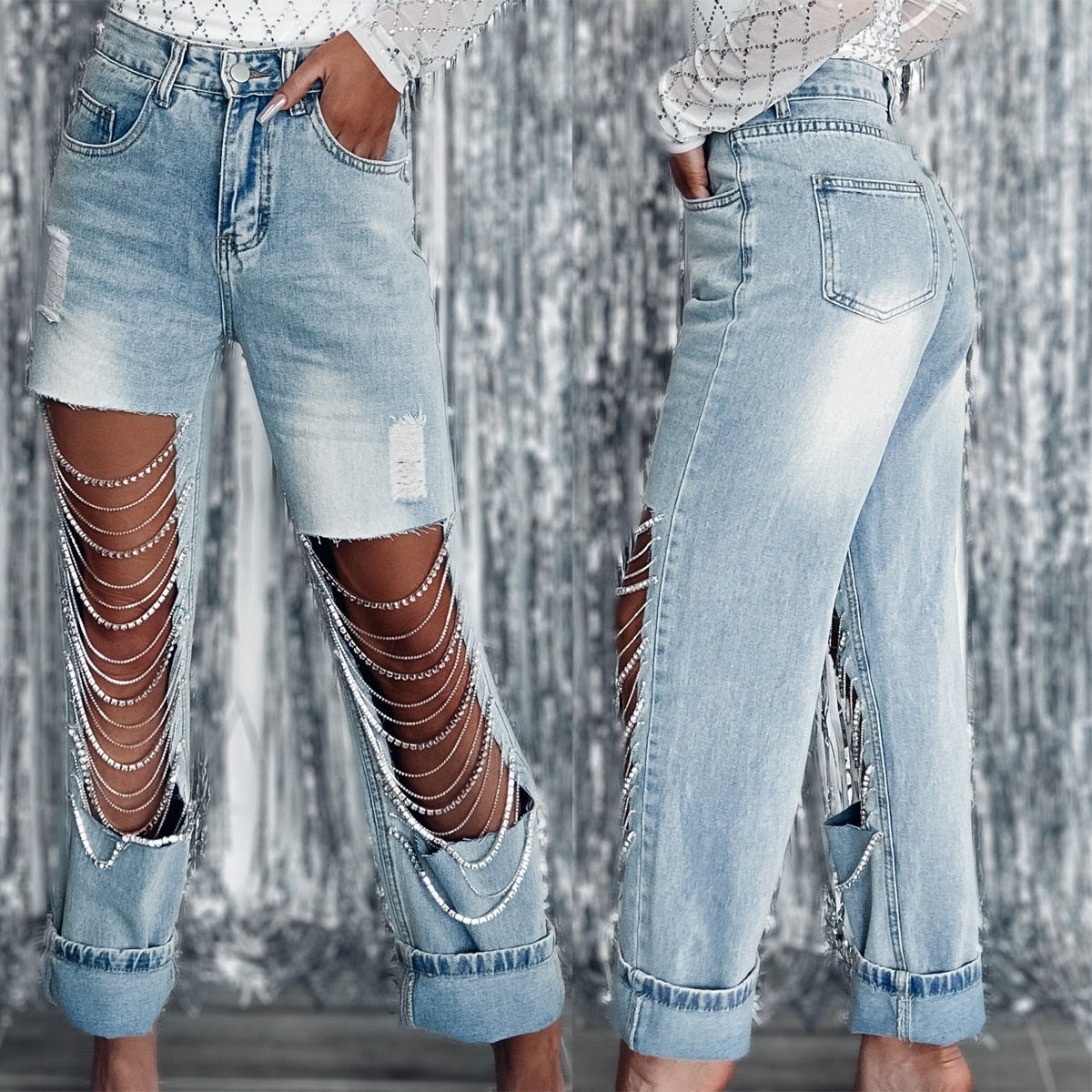 Straight Jeans Women 2023 Spring Summer Holes Diamond Rhinstones Solid Fashion High Street High Waist Cotton Denim Pants