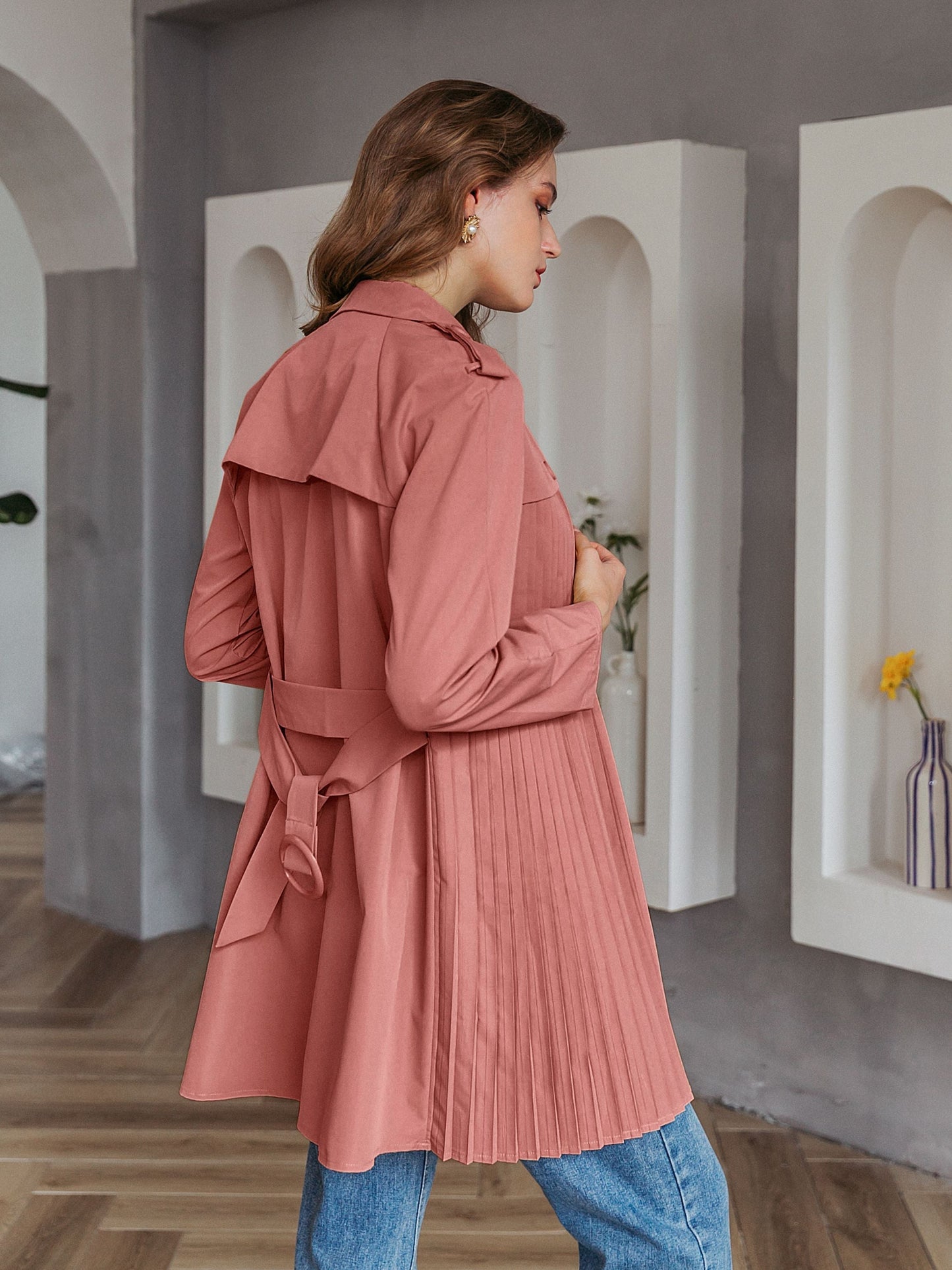 Simplee Casual turn-down collar pleated women trench coat Single-breasted belt female windbreaker High street ladies wind coat