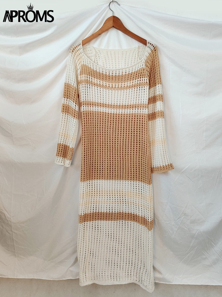 Aproms Multi Striped Crochet Midi Dresses