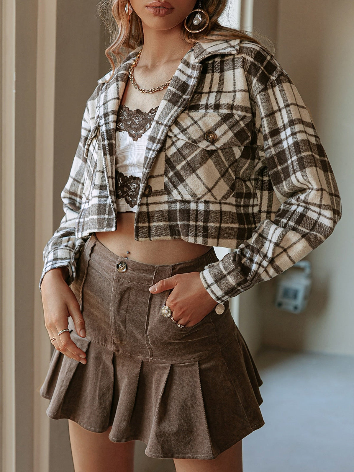 Simplee Y2K plaid buttons long sleeve short coat women Office pocket lapel jacket High street slim female shirt collar outerwear