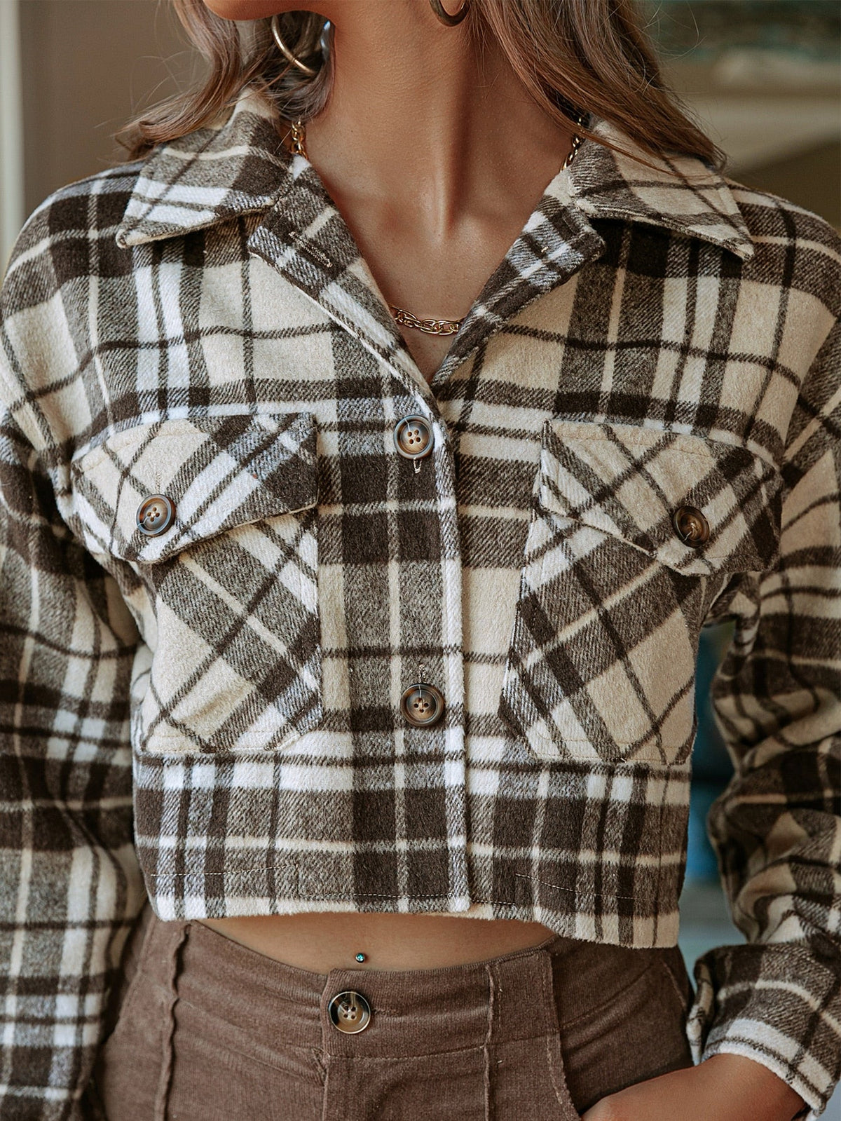 Simplee Y2K plaid buttons long sleeve short coat women Office pocket lapel jacket High street slim female shirt collar outerwear