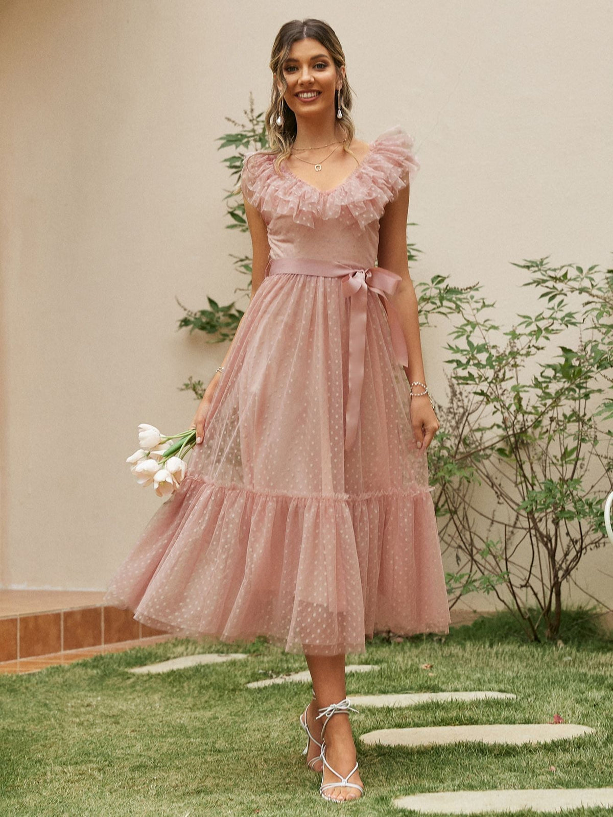 Simplee V-neck mesh polka dot summer tulle party dress women Backless pink ruffle sleeveless dresses Elegant sash maxi vestido