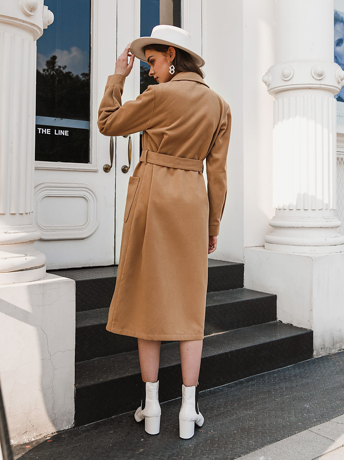 Simplee Office lady camel autumn winter female wool coat High street fashion long sleeve coat Elegant pocket outwear with belt