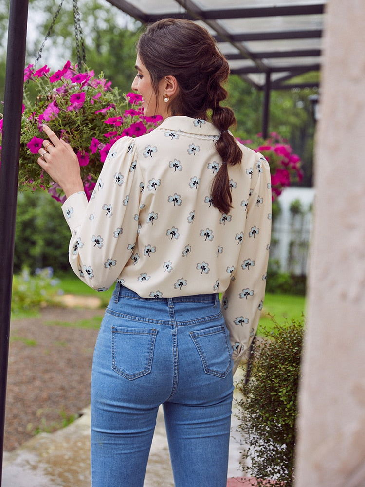 Simplee Vintage floral print blouse women Casual long sleeve female top