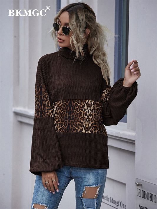 Dark Brown Coffee Leopard Print Patchwork Turtle Neck Flip Collar Autumn Sweatshirt