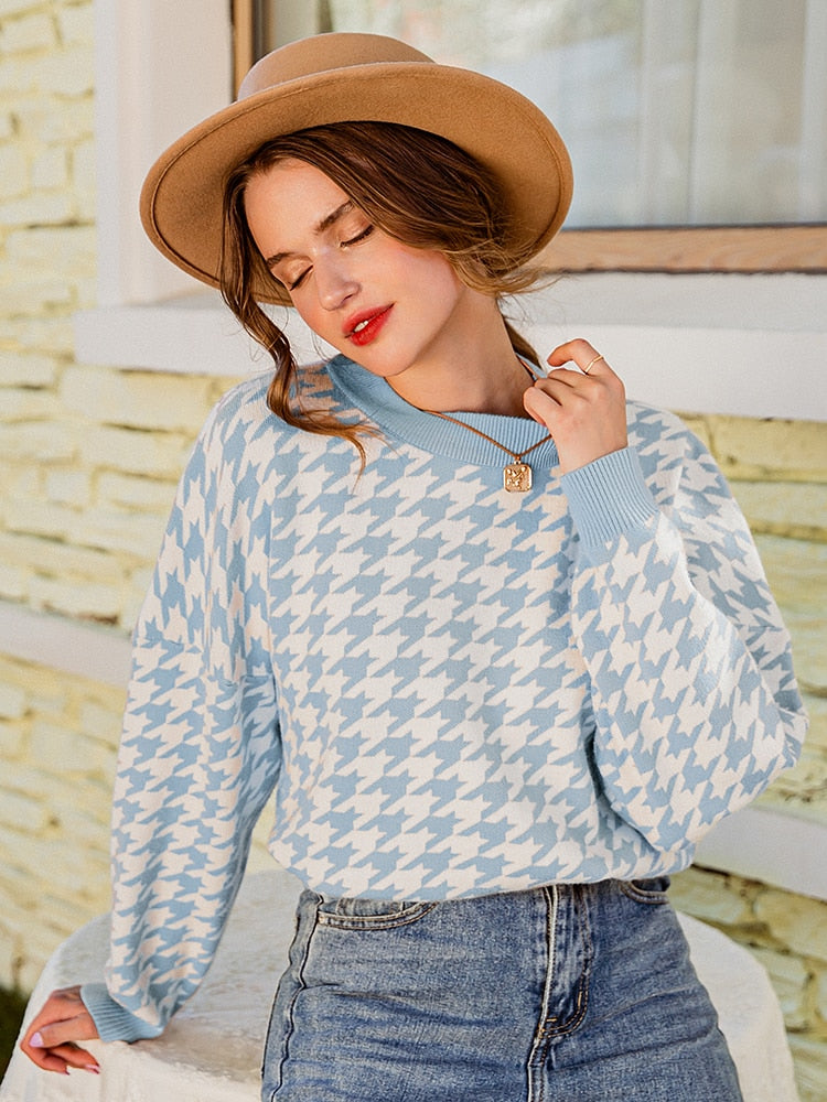 Simplee Women geometric khaki knitted sweater women casual Houndstooth lady pullover sweater