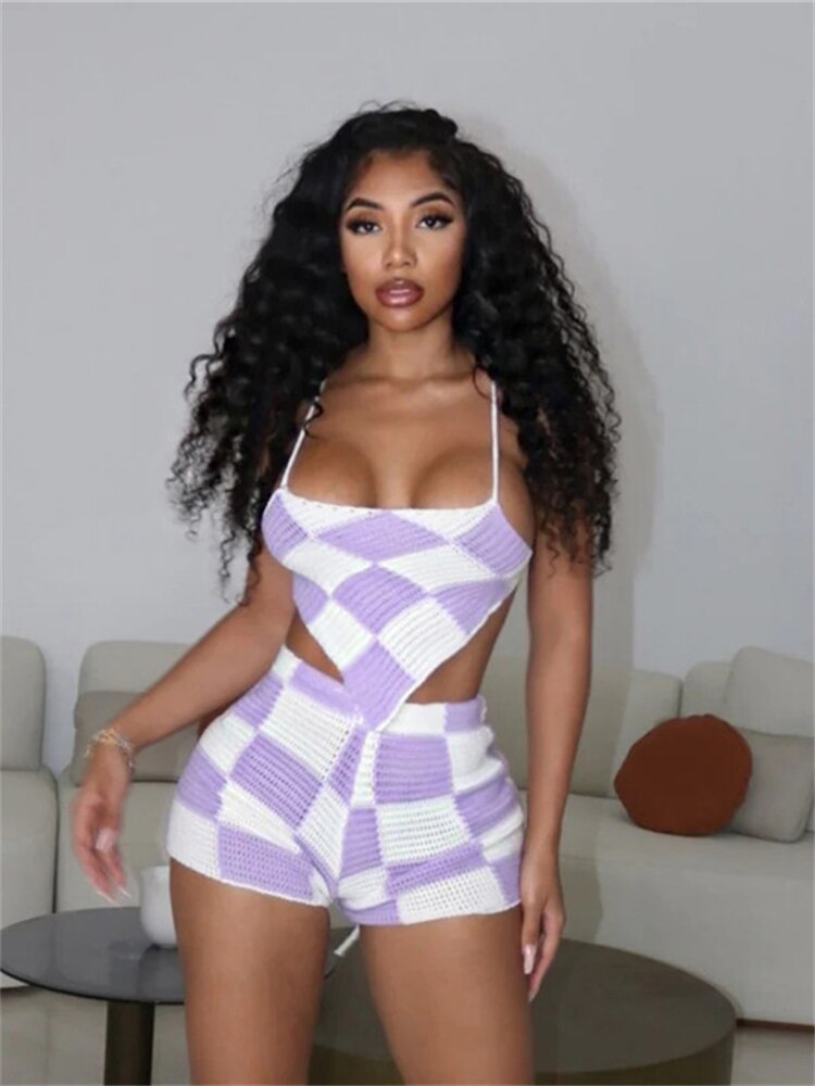 Summer Knitted Plaid Bodycon Two Piece Sets For Women