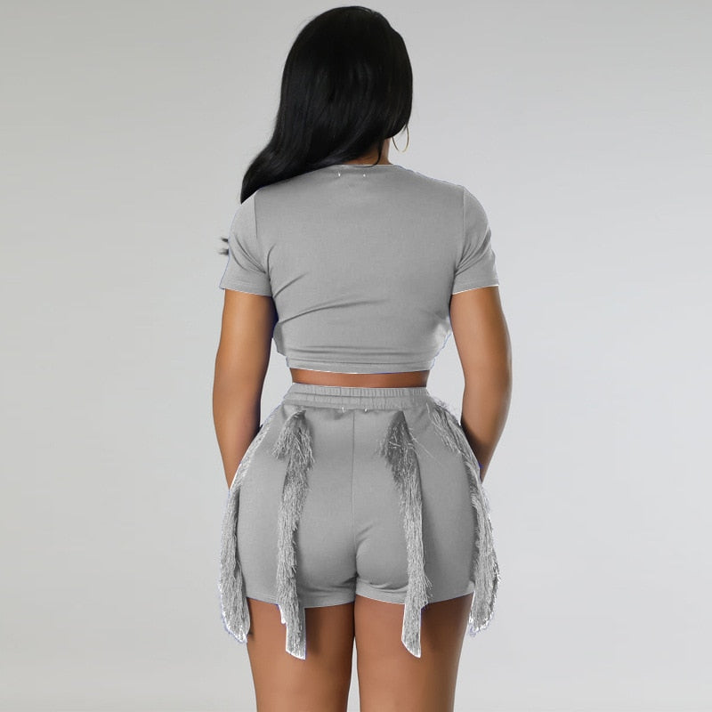 Echoine Short Sleeve Round Tshirt Crop Top Tassel Patchwork Shorts Two Piece Set