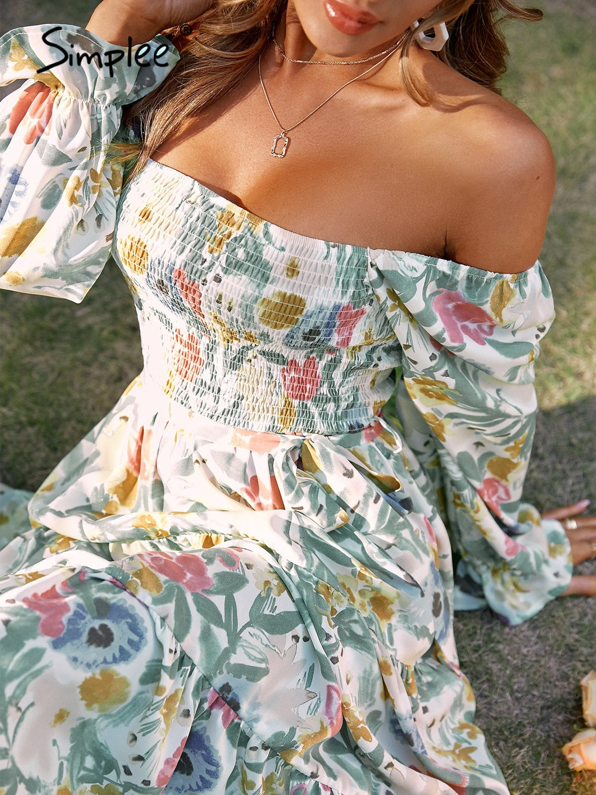 Simplee Floral slash neck long sleeve ruffle print summer dress women Holiday beach belt vestido Square collar elastic dresses