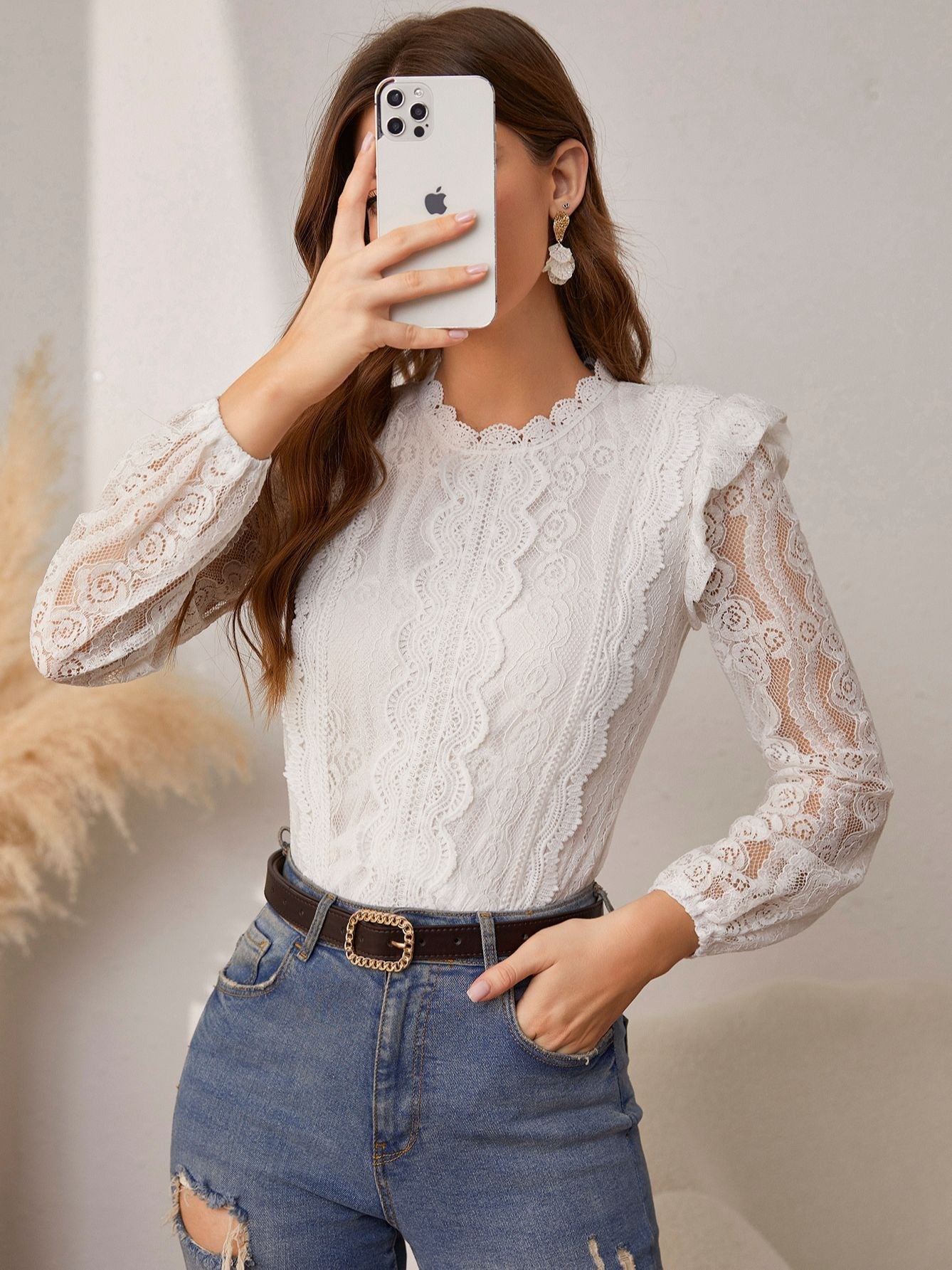 Simplee Elegant ruffle lace patchwork o-neck long sleeves