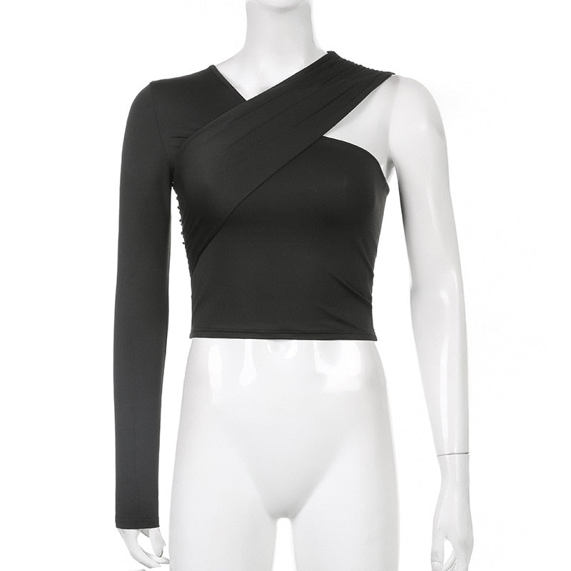 2023 Spring Asymmetrical V Neck One-Shoulder Soild Women's T-Shirts  Slim Female Streetwear Crop Tops Summer All-Match Tees