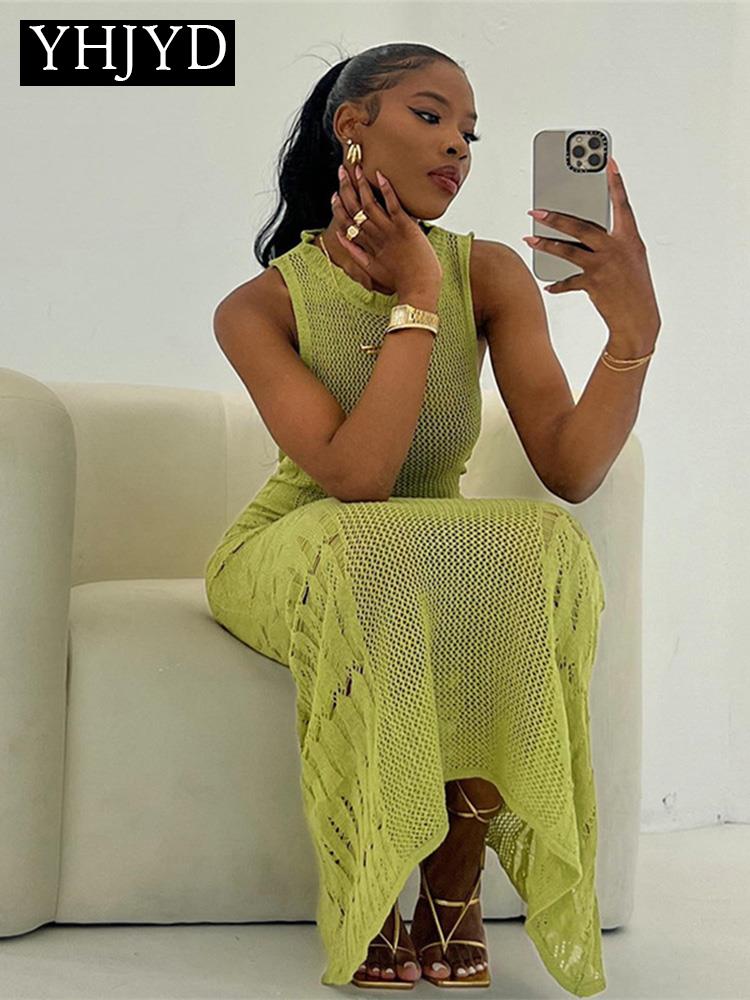 Women Knitted See Through Bodycon Beach Vacation White Long Dress