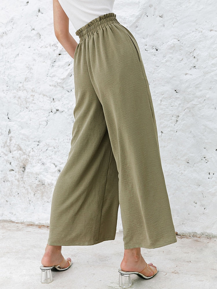 Simplee Solid color high waist wide leg pants
