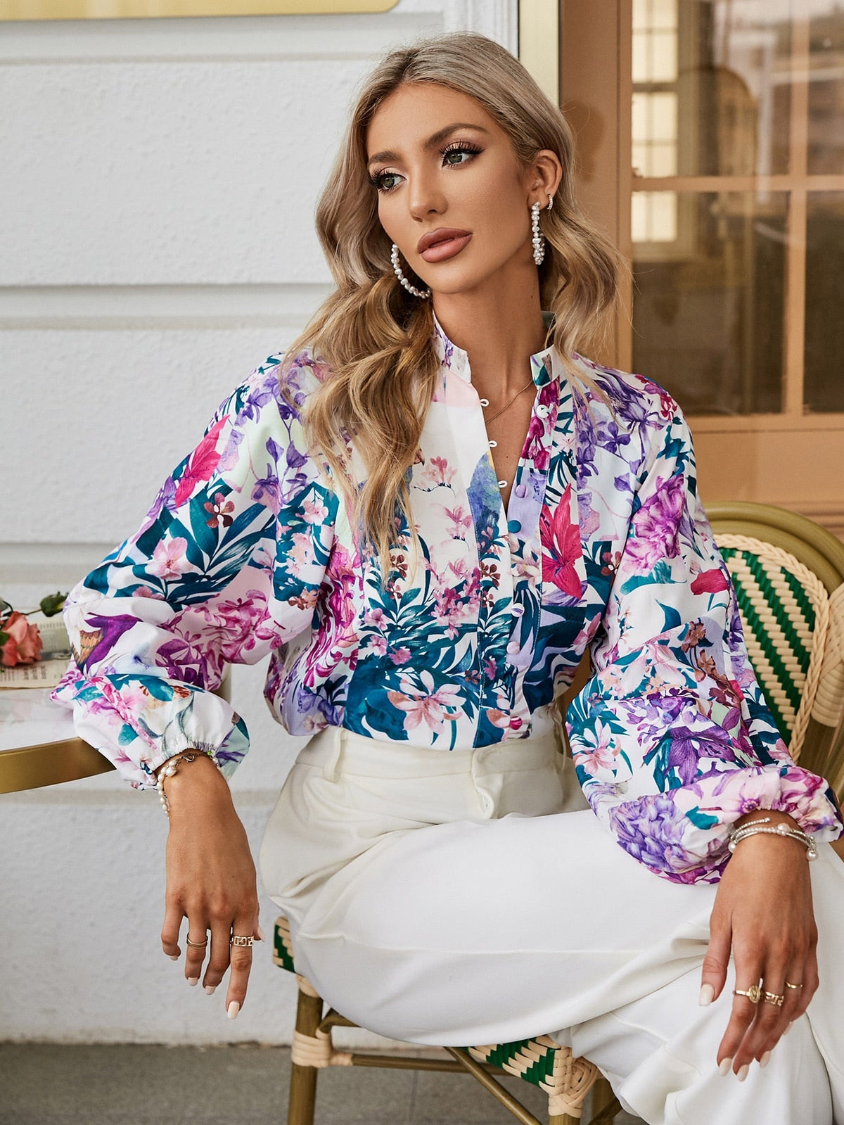 Simplee Elegant lantern sleeve loose print women shirt
