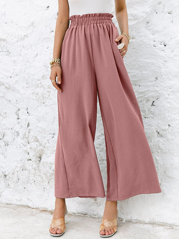 Simplee Solid color high waist wide leg pants