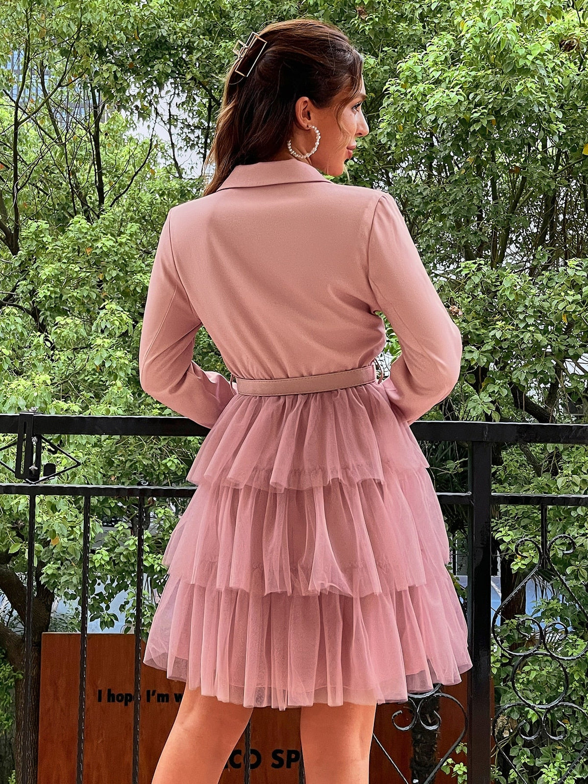 Simplee Elegant tulle belt party dresses women Notched tulle patchwork blazer dress Shoulder pads long sleeve mini evening robe