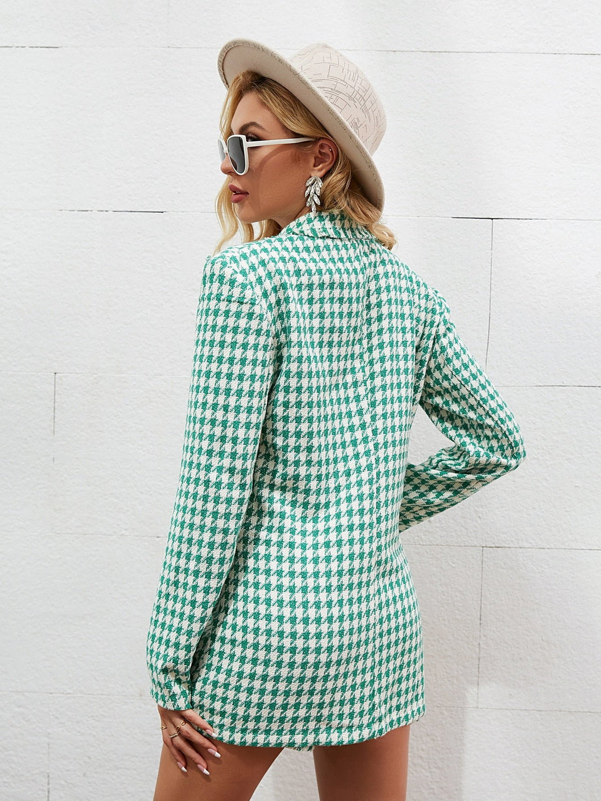 Simplee Vintage houndstooth v-neck women blazer
