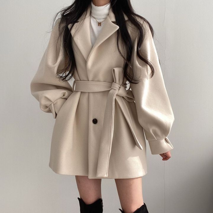 Women Solid Wool Blend Coat Slim Fit Belt Coats