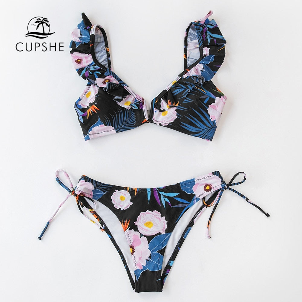CUPSHE Black Floral Ruffled V Neck Bikini Sets Swimsuit Women Sexy Lace Up Two Pieces Swimwear Girls Beach Bathing Suits