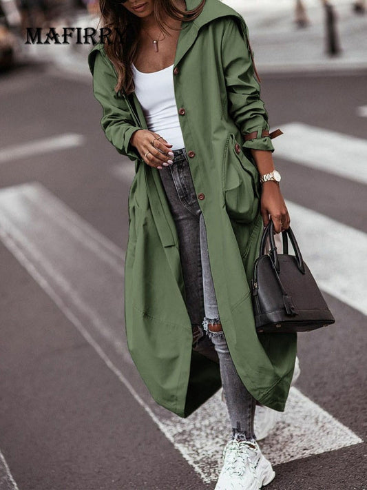 Femme Long Sleeve Solid Wide Waisted Trench Casual Women Streetwear Pockets Outerwear Single Breasted Turn Down Collar Jackets
