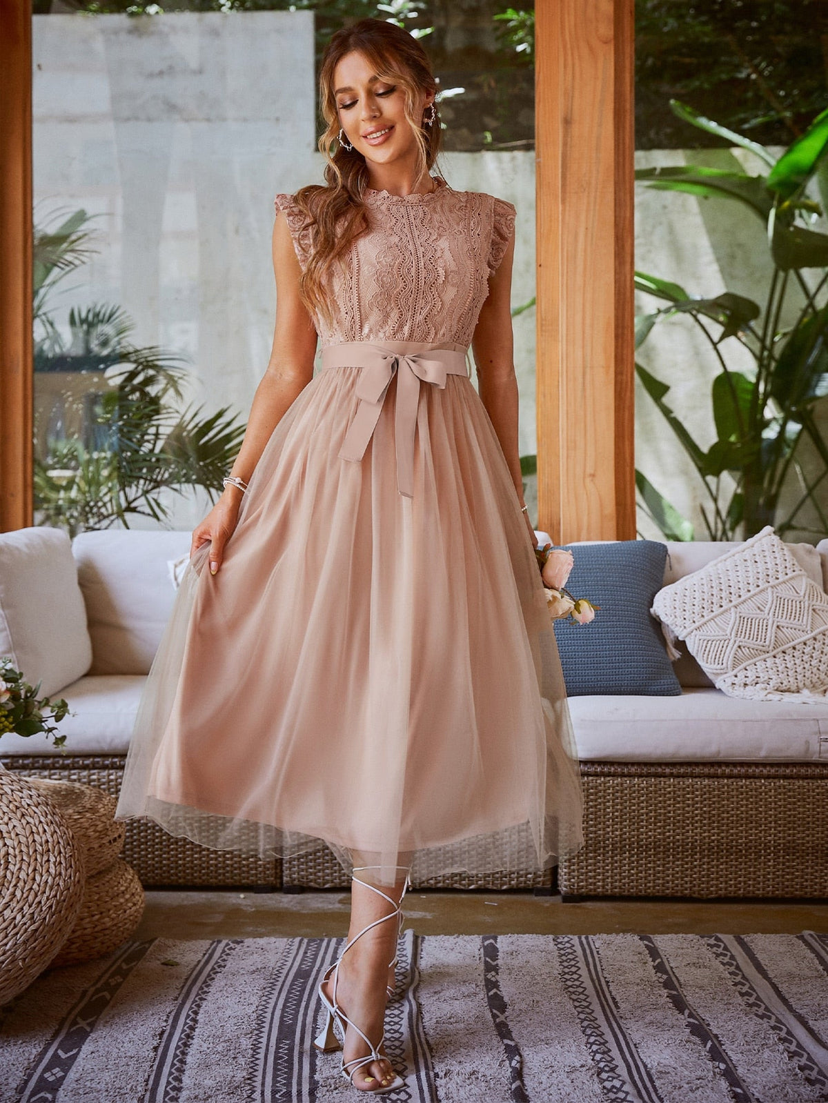 Simplee Elegant lace tulle party dress women Sweet ruffle mesh high waist bridesmaid dresses Office vintage a-line even vestido