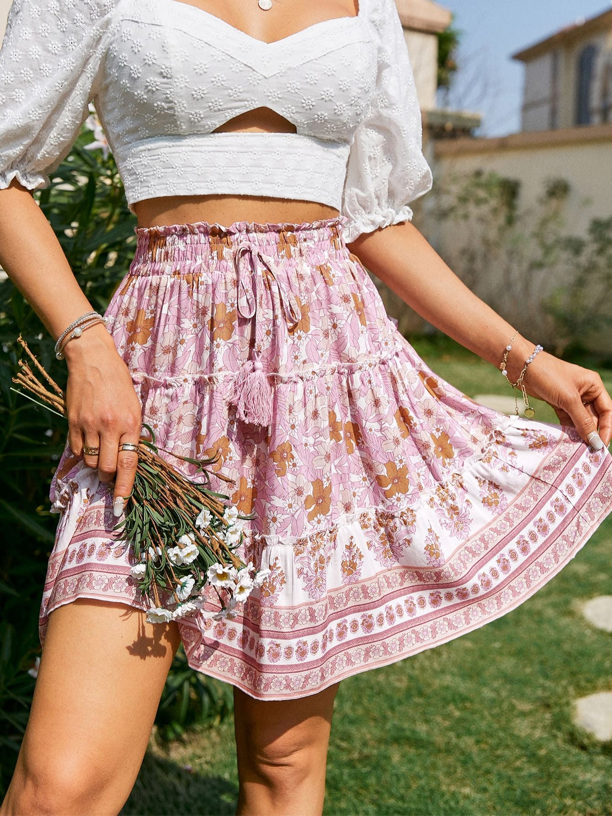 Simplee Boho ethnic tassel lace up print mini skirt summer women Floral elastic bohemian ruffle skirts pink A-line frills bottom