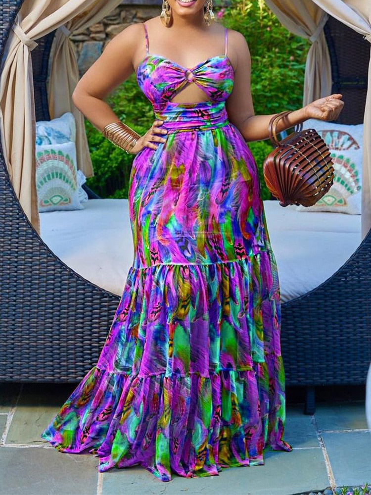 Abstract Print O-Ring Cutout Spaghetti Strap Cami Maxi Summer Dress Women