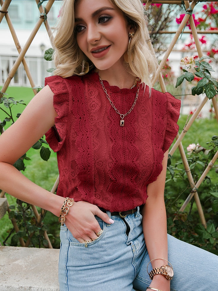 Simplee Elegant white lace stitching sleeveless top Casual Solid O-neck ruffle summer women Tshirt Fashion Office lady short top