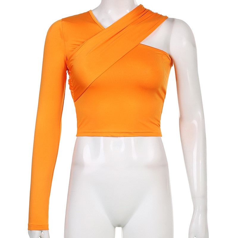 2023 Spring Asymmetrical V Neck One-Shoulder Soild Women's T-Shirts  Slim Female Streetwear Crop Tops Summer All-Match Tees
