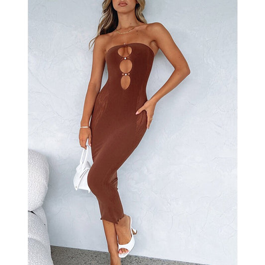 Summer Strapless Backless Tight Vestidos Sexy Party Women Cut Out Sleeveless Mesh Print Patchwork Bodycon Dress