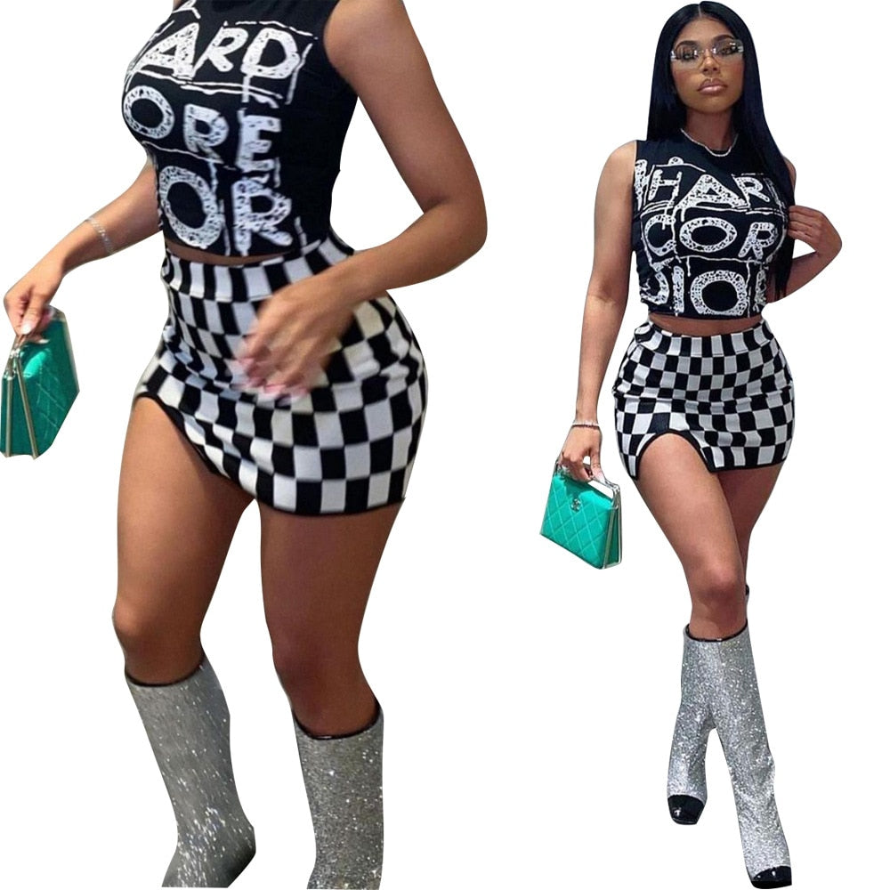 Checkerboard Printed Women 2 Piece Set Sleeveless Tank Top Bodycon Skirts Set