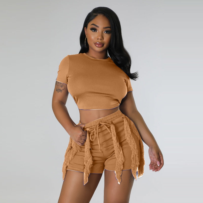 Echoine Short Sleeve Round Tshirt Crop Top Tassel Patchwork Shorts Two Piece Set