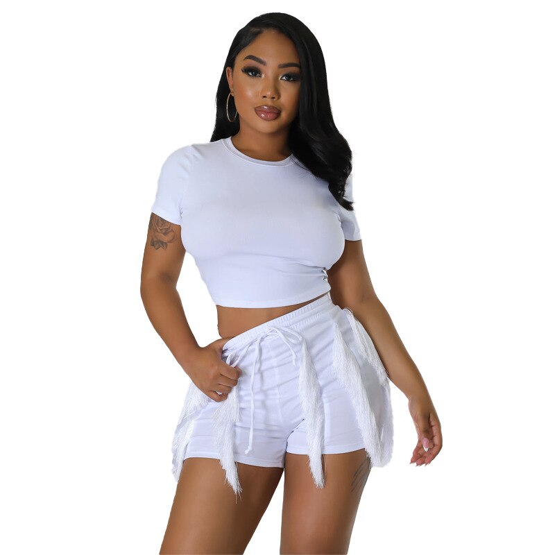 Echoine Short Sleeve Round Tshirt Crop Top Tassel Patchwork Shorts Two Piece Set