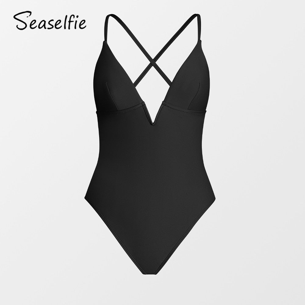 SEASELFIE V-Wire Cross Back One-piece Swimsuit For Women Black Sexy Backless Monokini Swimwear Bathing Suit Beachwear