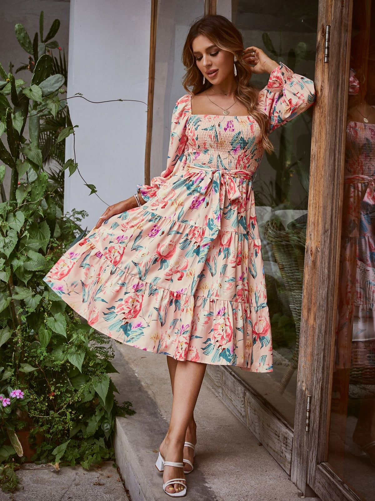 Simplee Floral slash neck long sleeve ruffle print summer dress women Holiday beach belt vestido Square collar elastic dresses