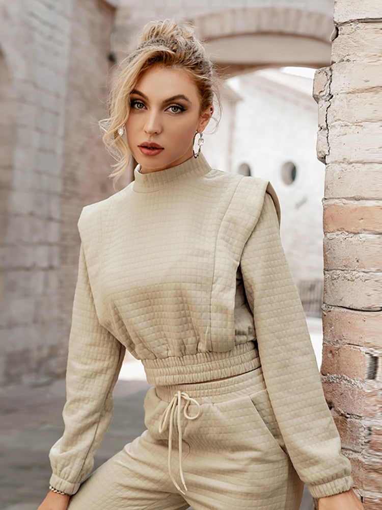 Simplee Two piece short women sweatshirt set autumn Elastic lace up turtleneck casual pants