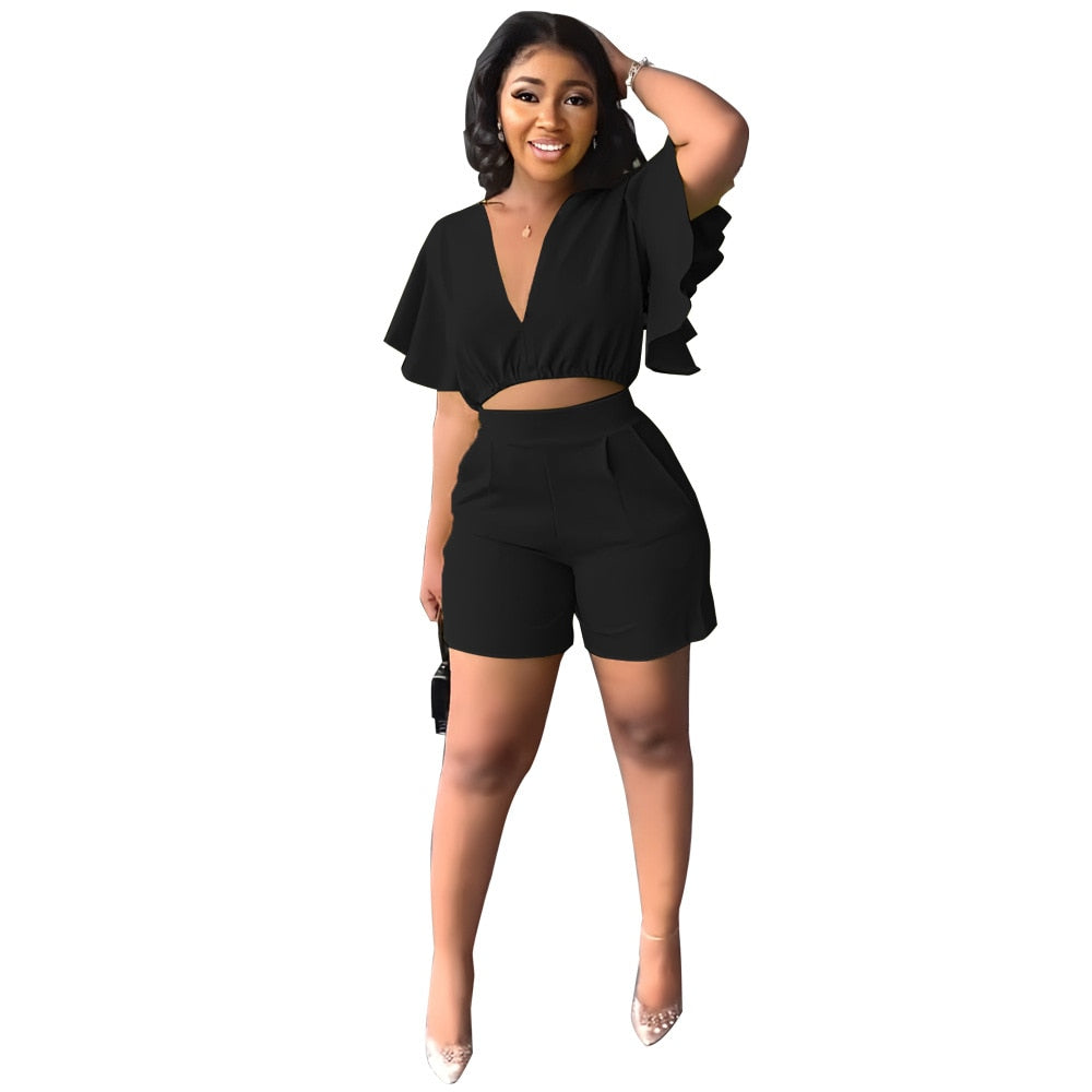 Sexy V Neck Ruffles Sleeve Crop Top &amp; Pockets Shorts Suit