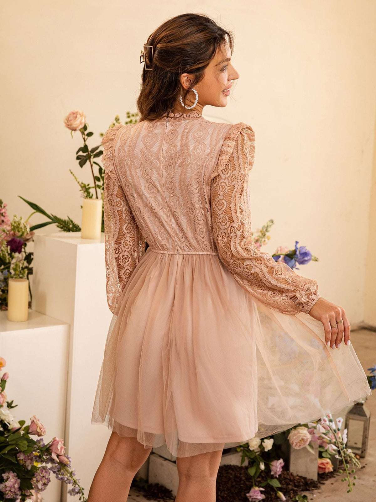 Simplee Elegant lace tulle party dress women Sweet ruffle mesh high waist bridesmaid dresses Office vintage a-line even vestido