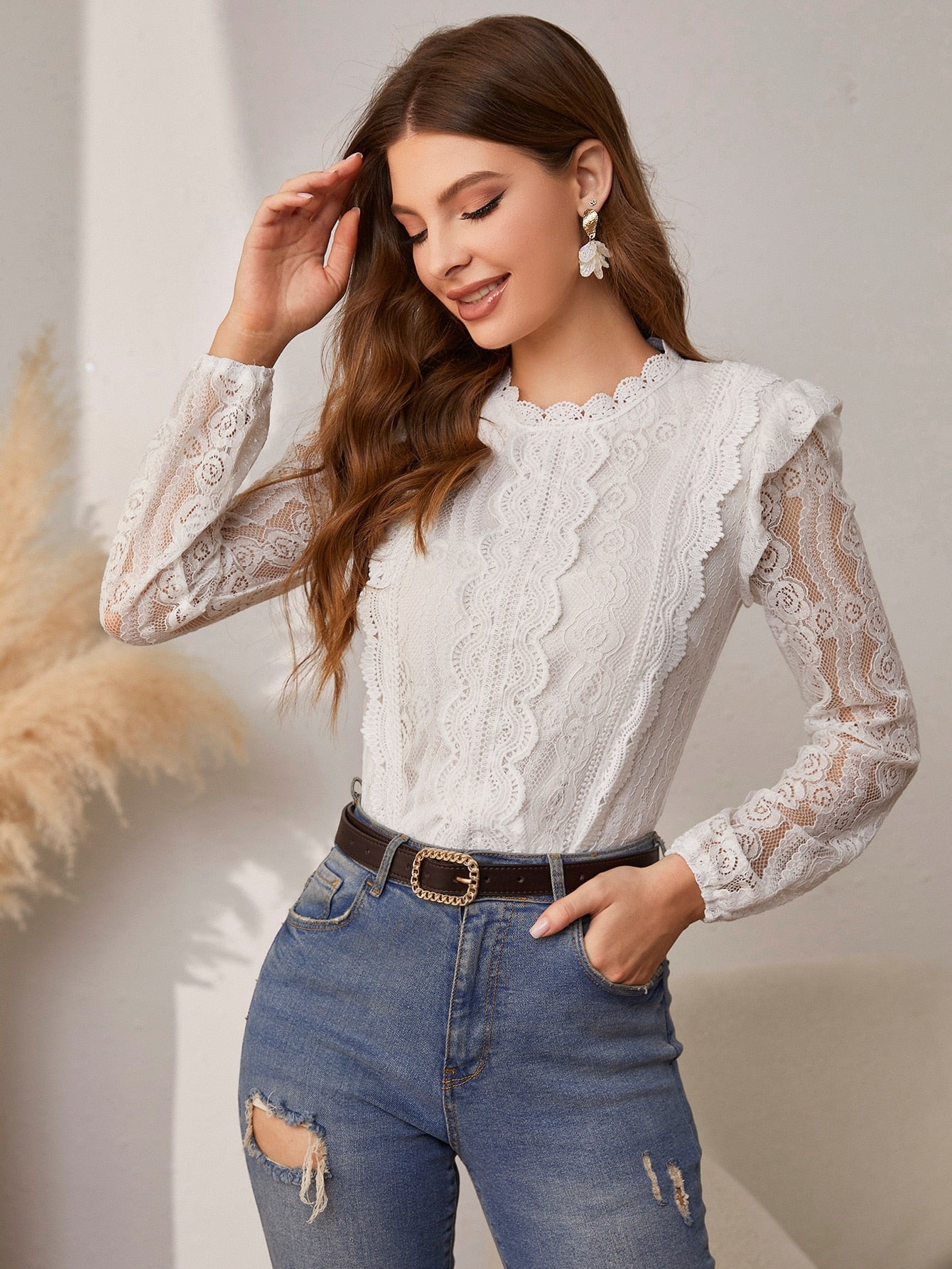 Simplee Elegant ruffle lace patchwork o-neck long sleeves