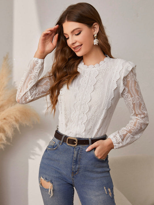 Simplee Elegant ruffle lace patchwork o-neck long sleeves